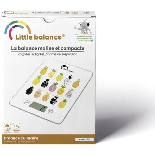 LITTLE BALANCE 8341 Smal elektronisk köksvåg - 5 kg / 1 g - Topp i härdat glas - Extra platt - BD Ananas