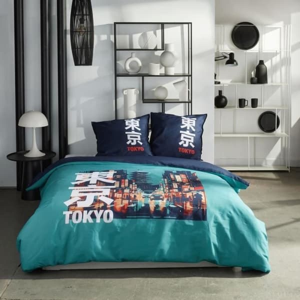 Sängkläder - IDAG - JAVA - 2 personer - 240x220 cm - Bomull - Tokyotryck - Turkos