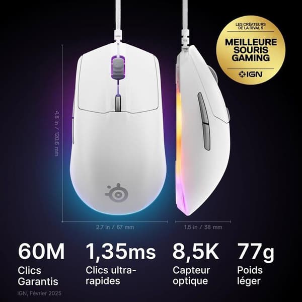 Trådbunden spelmus - STEELSERIES - Rival 3 Gen 2 - Vit