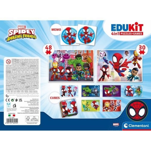 Clementoni - Edukit - 4 i 1 Spidey box set - Ett pussel med 30 och 48 bitar, ett memo och sex kuber - från 4 år och uppåt