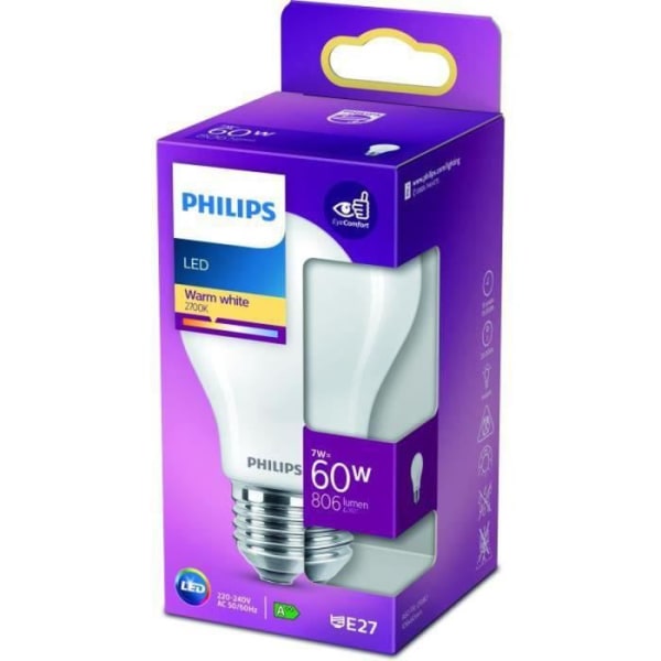 Philips LED-lampa Ekvivalent 60W E27 Varmvit Ej dimbar, Plast