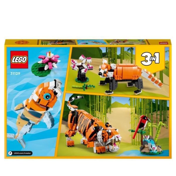 LEGO 31129 Skapare 3-i-1 Hennes Majestät Tigern, Djurleksaker för flickor och pojkar från 9 år och uppåt, Panda, Fiskminifigurer