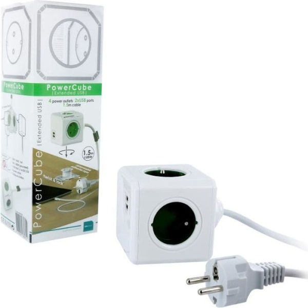 PowerCube Förlängd grenuttag med 4 uttag och 2 USB-uttag med 1,5 m kabel