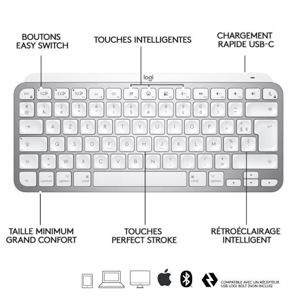 Logitech Wireless Keyboard - MX Keys Mini - MAC - Compact, Bluetooth, Backlit for MAC, iOS, Windows, Linux, Android