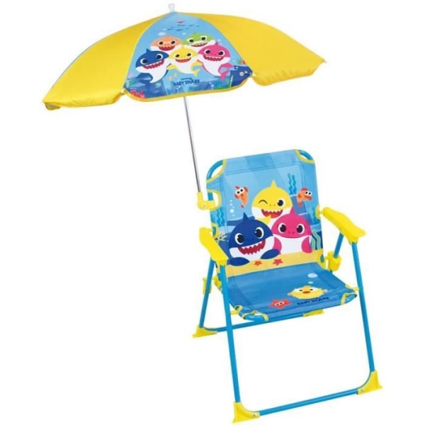 FUN HOUSE Baby Shark Fällbar campingstol med parasoll - H.38.5 x B.38.5 x D.37.5 cm + parasoll ø 65 cm - För barn