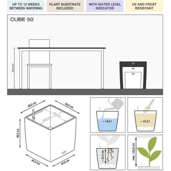 Blomkruka - LEC - Cube Premium 50 - blank vit - väder- och UV-beständig