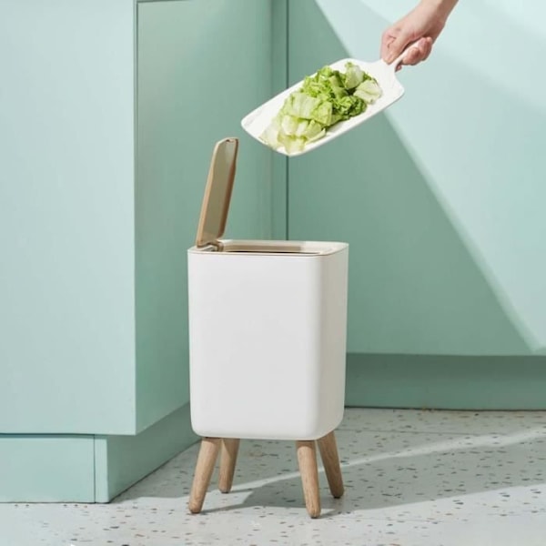 Badrum push-typ golvstående soptunna - MALMO SQUARE - KITCHEN MOVE - 10L - Designer trä