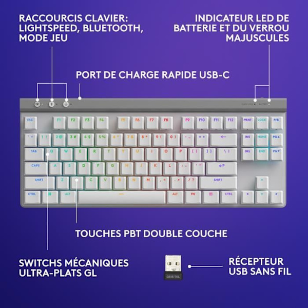 Logitech G515 LIGHTSPEED trådlöst tangentbord utan numerisk knappsats (brun strömbrytare) - Vit