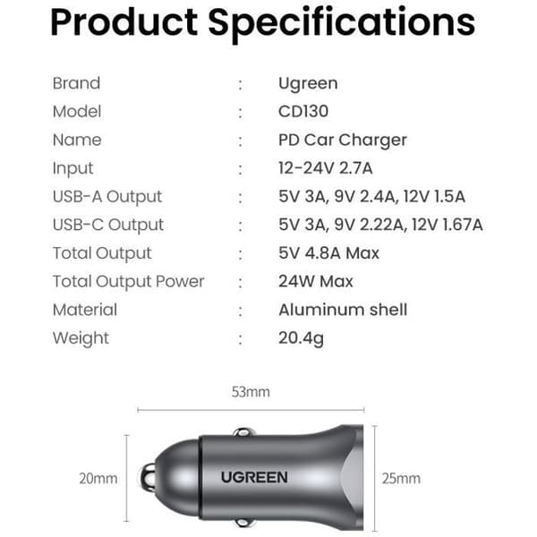 Billaddare - UGREEN - 1 USB-C + 1 USB-A - 30W - Grå