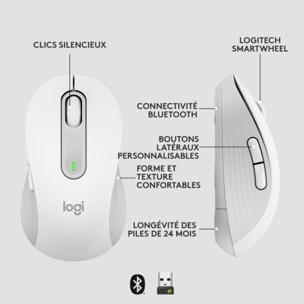Logitech Signature M650 L trådlös mus - Tyst stor storlek, Bluetooth, programmerbara knappar - vit