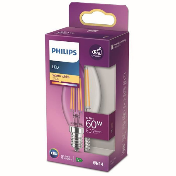 Philips LED-lampa Ekvivalent 60W E14 Varmvit Ej dimbar, Glas