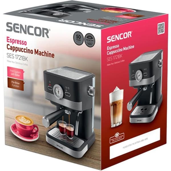 SENCOR SES 1721BK espressomaskin 20 bar, 1,5 L vattentank, digital styrning, ångmunstycke, svart, 2 koppar Svart
