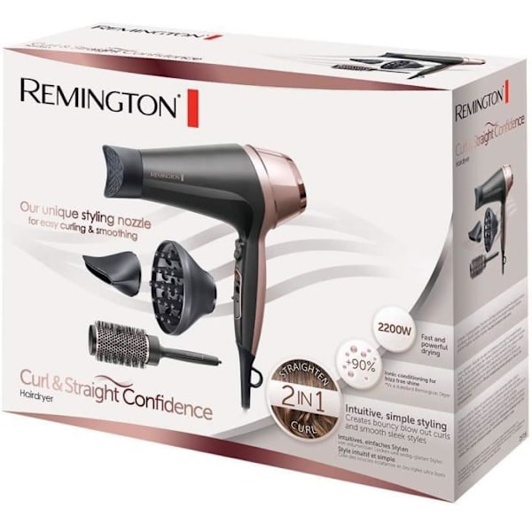 Remington D5706 Hårset, Curl Confidence Ionic Hårtork 2200W, 45mm Borste, Keramiska Grillplattor, Lätt, Tyst