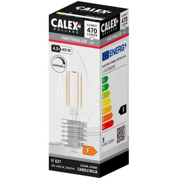 E27 LED-lampa - CALEX - CANDLE B35 - Rak glödtråd - 4,5 W - 470 lm - 2700 K - Dimbar - Transparent