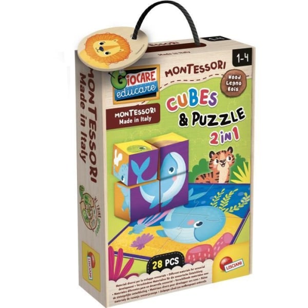 Kreativt 2-i-1-spel - LISCIANI - Montessori Baby Wood - kuber och pussel - Observation och fingerfärdighet - Trä och kartong