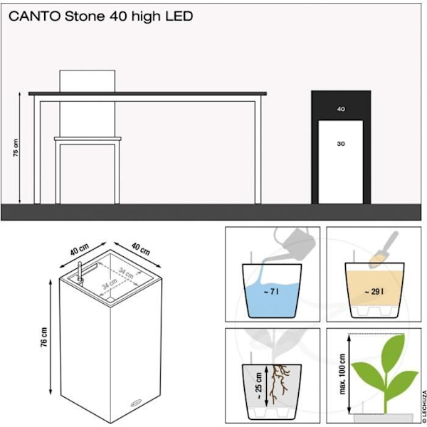 LECHUZA Canto Stone Column 40 blomkruka - komplett LED-kit, stengrå