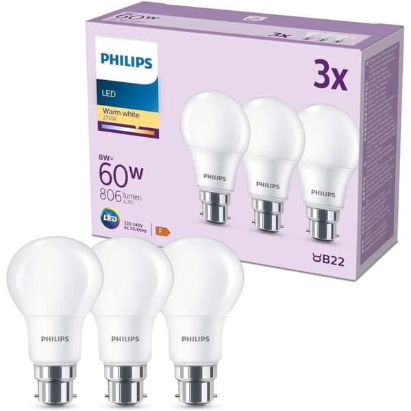 LED-lampa - PHILIPS - 60 W - B22 - Varmvit - Frostad - Ej dimbar - 3 st