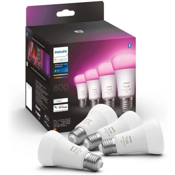 Philips Hue White &amp; Color Ambiance, E27 Ansluten LED -glödlampa, 60W motsvarande, 800 lumen, 4 pack, Bluetooth Compatible