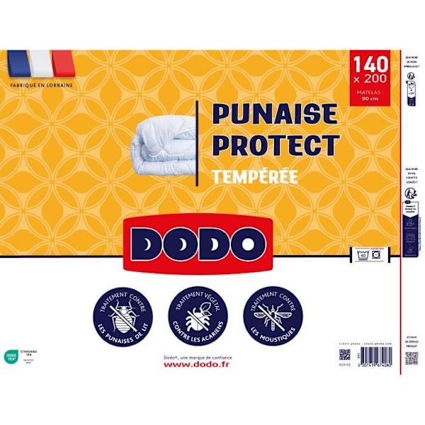DODO tempererat täcke 140x200 cm - 1 person - Anti-bugg, anti-kvalsterskydd - 300G/m² - Vit - Made in France