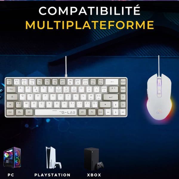 2-i-1-paket - THE G-LAB - Hydrogen Combo - AZERTY-tangentbord - Trådbunden mus - Vit/Grå