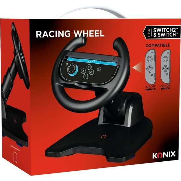 Konix Racing Wheel - Nintendo Switch Joy-Con 2 Controller - Mario Kart World Kompatibel - Sugkoppsfäste - Svart