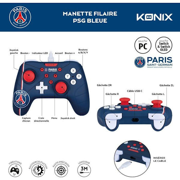 Gamepad - Nintendo Switch, Switch 2 och PC - PSG - Kabelansluten - Blå, vit och röd - Vibrationsfunktion - 3m kabel - Konix