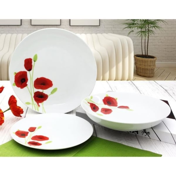 18-delars bordservice i röd och vit vallmo-porslin