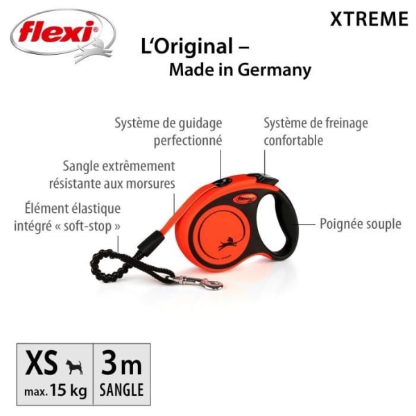 TRIXIE flexi XTREME bandkoppel - Storlek XS - 3m - Svart och orange