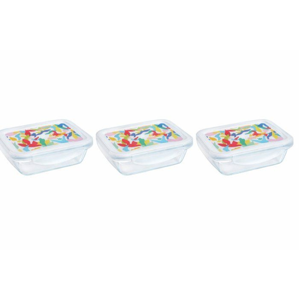 Matlåda - PYREX - Set med 5 glasbehållare - Rektangulär - Lufttätt lock - Abstrakt design - 0,80 L