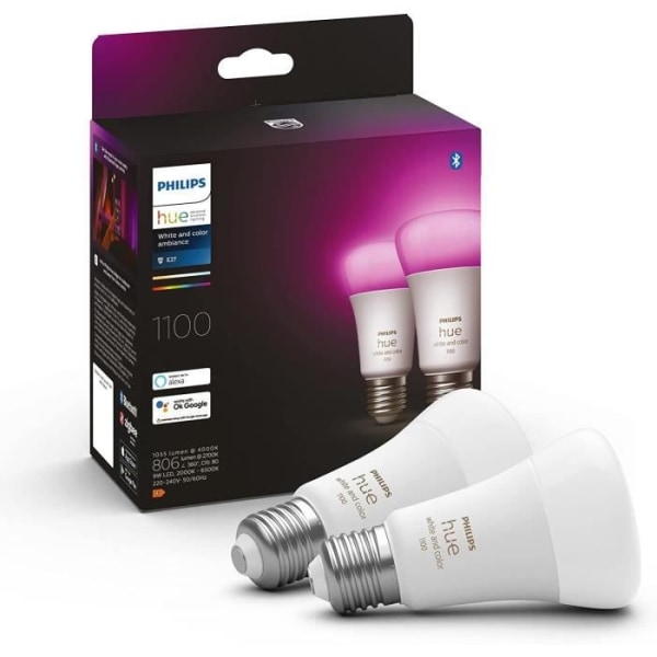 Philips Hue White &amp; Color Ambiance, E27 Ansluten LED -glödlampa, motsvarande 75W, 1100 Lumen, Bluetooth Compatible, Pack of 2