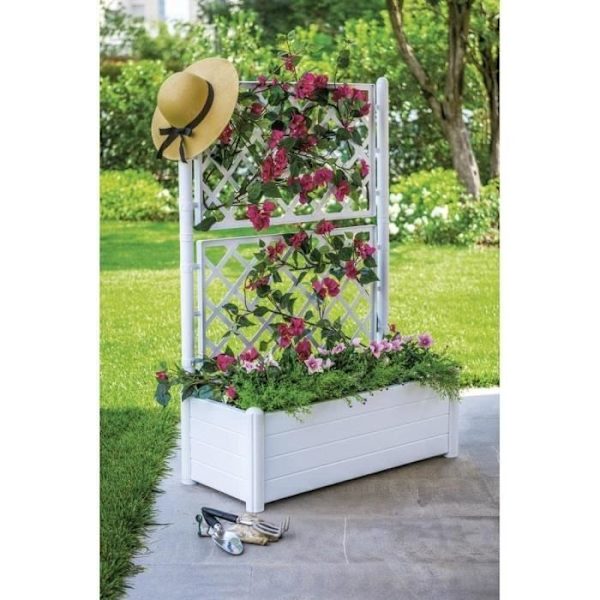 STEFANPLAST Rektangulär blomma låda med spaljé - Träfinish - 100 x 43 x H 142 cm - 80 L - Vit