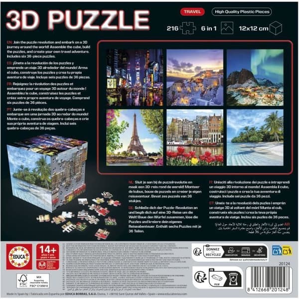3D-pussel - EDUCA - Resekub - 216 bitar - 6 pussel med 36 bitar - Rolig utmaning 8 år + (20124)