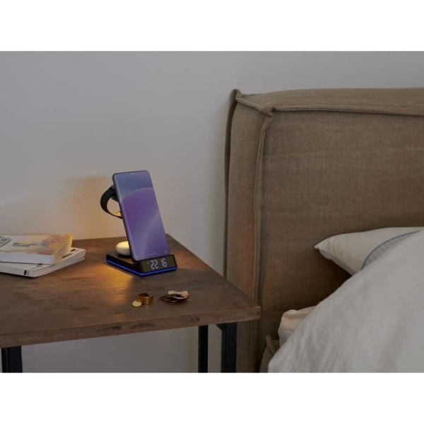 THOMSON CL750IS - 4-i-1 väckarklocka och laddstation - Android-kompatibel - Ljusstark LED-remsa för att indikera laddning - Svart