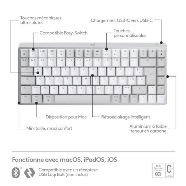 Logitech - Trådlöst tangentbord för Mac - MX Mekanisk mini - Pale Grey