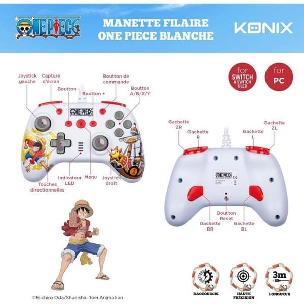 Gamepad - Nintendo Switch, Switch 2 och PC - One Piece - Kabelansluten - Vit - Vibrationsfunktion - 3m Kabel - Luffy - Konix