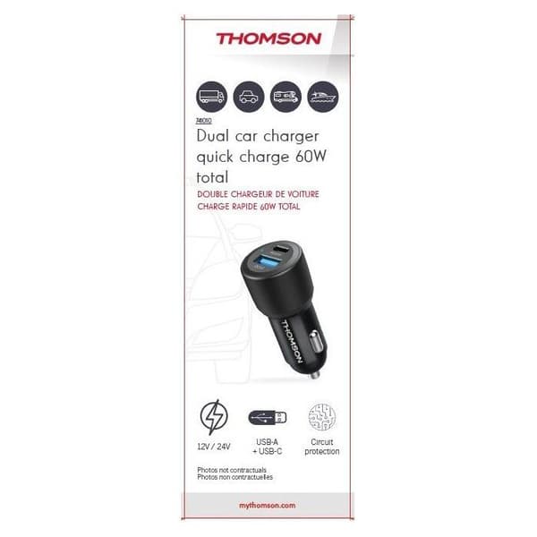 Billaddare - THOMSON - 60 W - Helt ny generation av nätteknik - USB-C - PD 30 W + USB-A QC 3.0 - 30 W