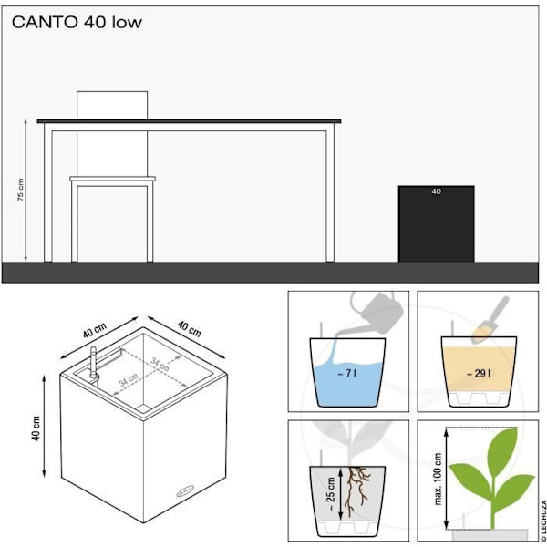 LECHUZA Jardiniere Canto Color Square 40 ALL-IN-ONE Grå 13720