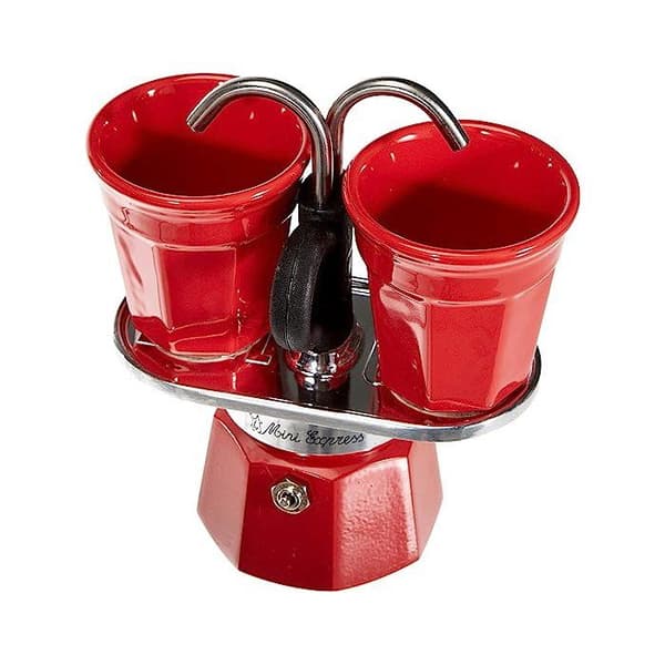 Italienskt kaffebryggarset + 2 koppar - BIALETTI - Mini-express - Rostfritt stål / Röd
