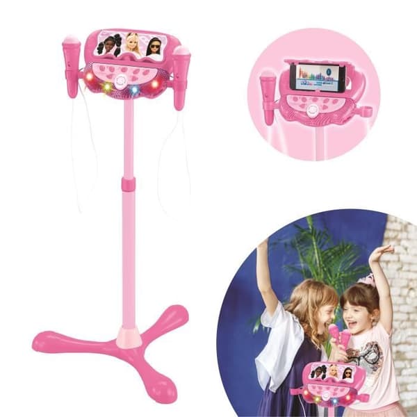 Barbie-mikrofon på justerbart ljusstativ med högtalare, 2 mikrofoner och sångeffekter, Bluetooth-högtalare