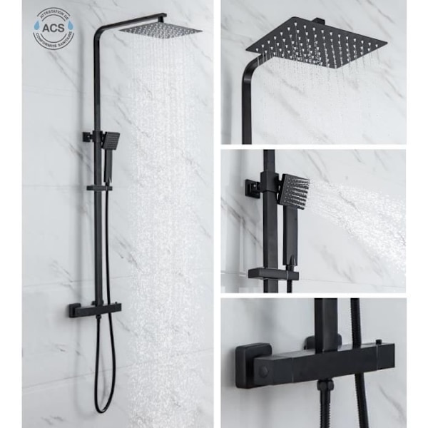 Duschpelare OCEANIC - Termostatblandare - High Rectangle Apple 30x20 cm - Matt Black