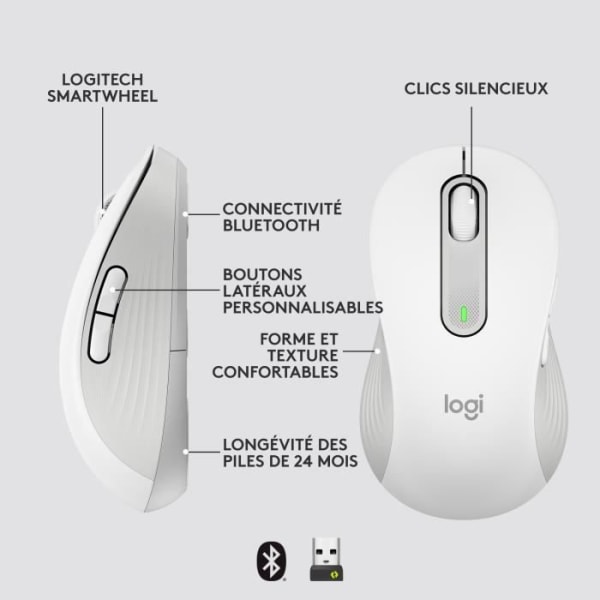 Logitech Signature M650 L trådlös mus - vänster - för stora händer, tyst, Bluetooth, programmerbara knappar - vit