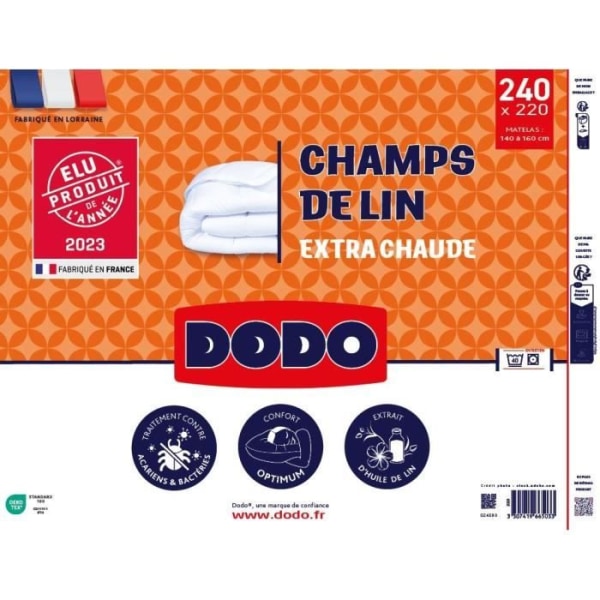 Täcke 220x240 cm DODO CHAMPS DE LIN - Varm - 450G/m² - Täcke för 2 personer - Mjuk och varm - Anti-kvalster Antibakteriell - Vit