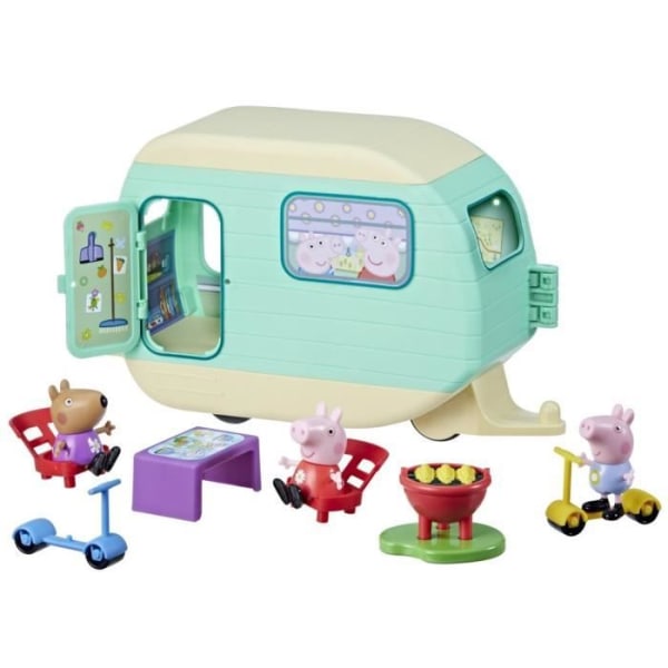Peppa Pig, Peppas husvagn med 3 figurer och 6 tillbehör, förskoleleksaker för flickor och pojkar från 3 år och uppåt