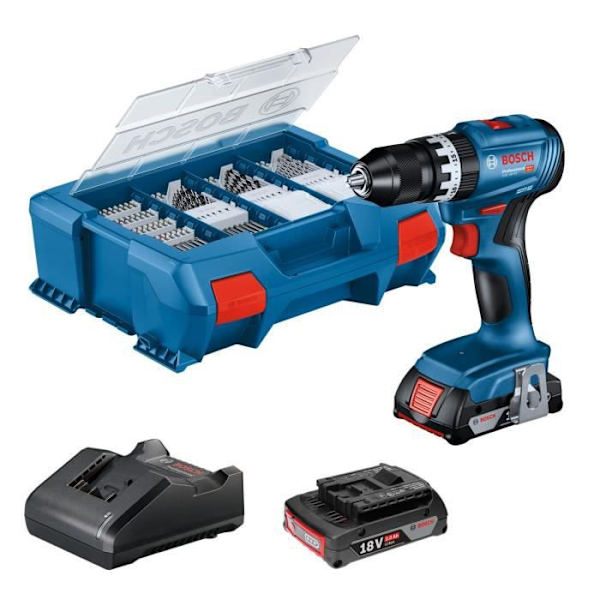 Percussion Drill Bosch Professional GSB 18V-45 +2 2.0AH Batterier + GAL 18V-20-laddare, L-Case Pick & Click, 82 st.