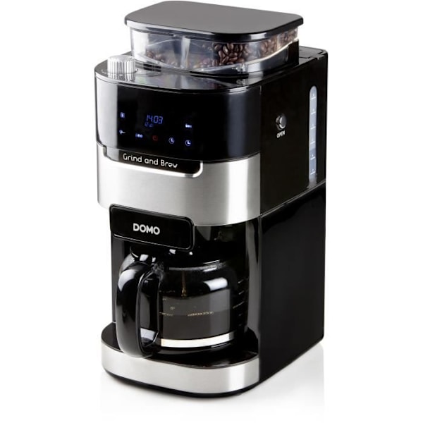 DOMO DO721K - 1,5 L kaffebryggare - 12 koppar - LCD-skärm, beröringsknappar - Integrerad kaffekvarn - Timer - 3 intensiteter