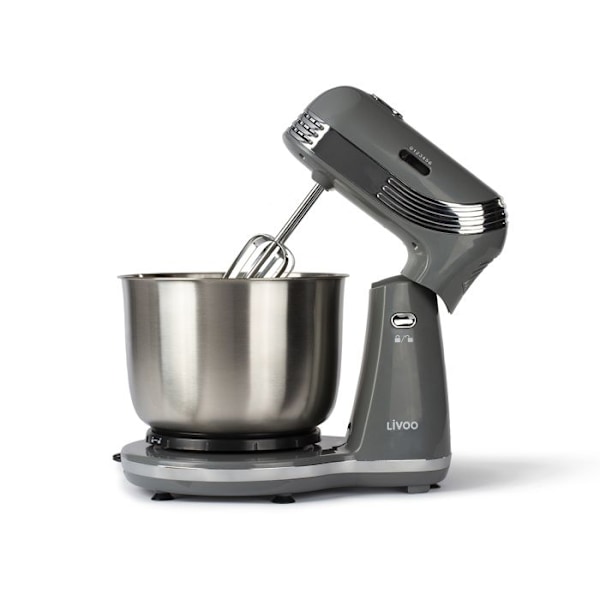 LIVOO DOP137G - Multifunktions konditorivarorobot - 3L skål i rostfritt stål - 6 hastigheter - Metallvisp och krok - Grå