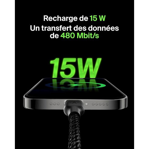 Flätad kabel - BELKIN - USB-C till USB-A - 1 m - Svart