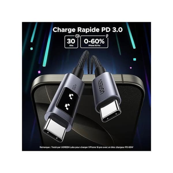 USB-C-kabel - UGREEN - USB-C till USB-C PD 100W datakabel - Flätad nylon - 2 m - Svart