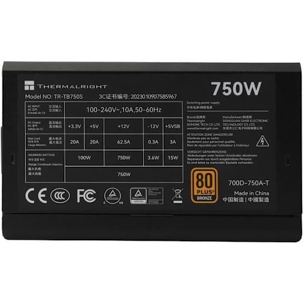 PC Strömförsörjning - THERMALRIGHT - TB750S - 750W - 80+ Brons - Icke-modulär - ATX 3.0 - PCI-E Gen5 - Svart