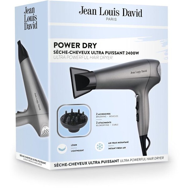 Hårtork - JEAN LOUIS DAVID - Power Dry - Diffusor - 3 temperaturinställningar - 2400 W - Grå